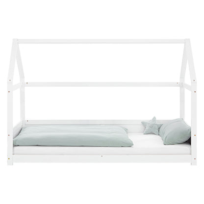 Kinderbett 90x200 cm Weiss | Hausbett mit Rausfallschutz | Montessori | Einzelbett | mit Lattenrost