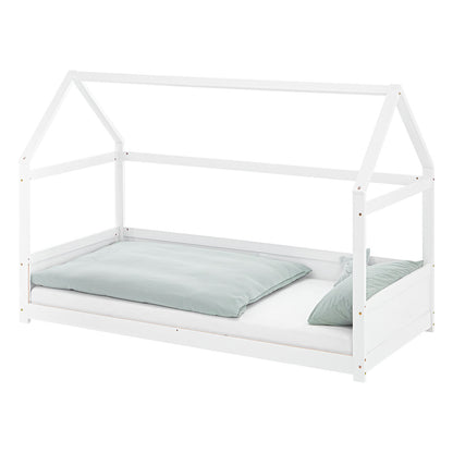 Kinderbett 90x200 cm Weiss | Hausbett mit Rausfallschutz | Montessori | Einzelbett | mit Lattenrost