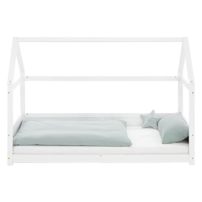 Kinderbett 90x200 cm Weiss | Hausbett mit Rausfallschutz | Montessori | Einzelbett | mit Lattenrost