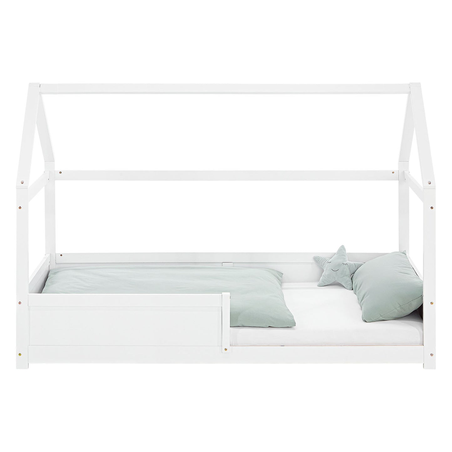 Kinderbett 90x200 cm Weiss | Hausbett mit Rausfallschutz | Montessori | Einzelbett | mit Lattenrost