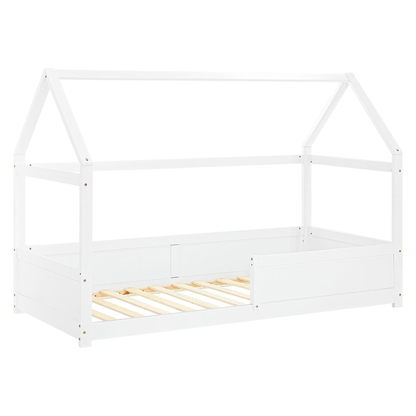 Kinderbett 90x200 cm Weiss | Hausbett mit Rausfallschutz | Montessori | Einzelbett | mit Lattenrost
