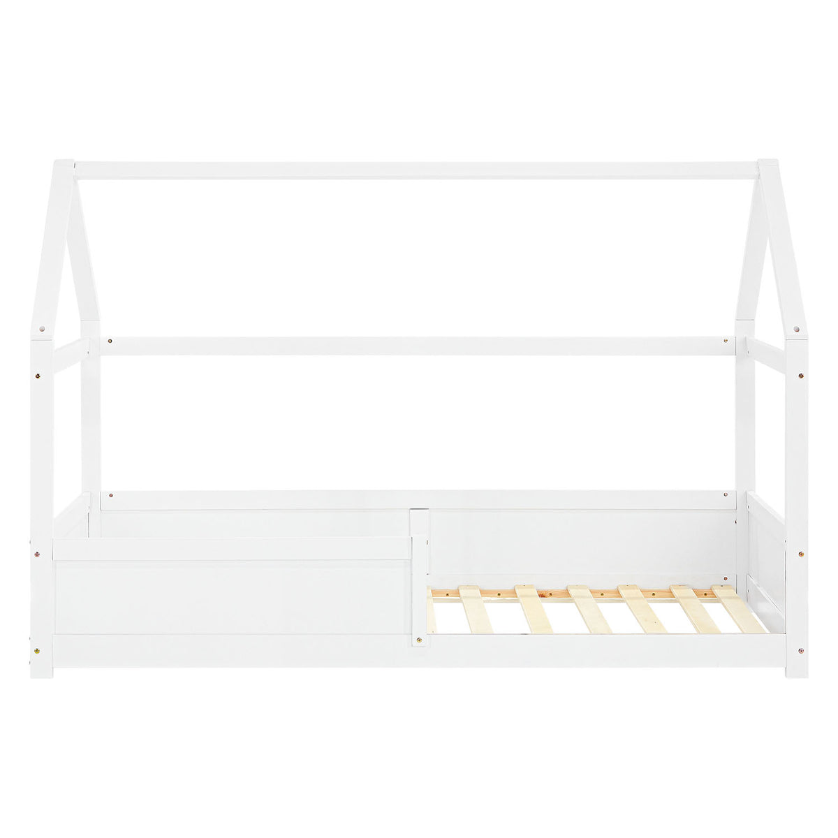 Kinderbett 90x200 cm Weiss | Hausbett mit Rausfallschutz | Montessori | Einzelbett | mit Lattenrost