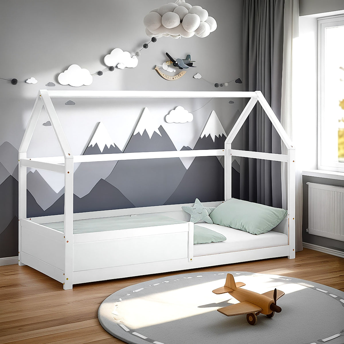 Kinderbett 90x200 cm Weiss | Hausbett mit Rausfallschutz | Montessori | Einzelbett | mit Lattenrost