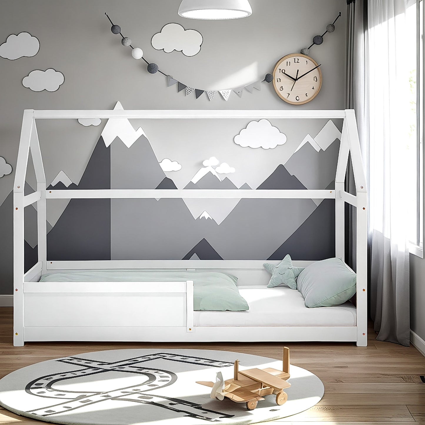 Kinderbett 90x200 cm Weiss | Hausbett mit Rausfallschutz | Montessori | Einzelbett | mit Lattenrost