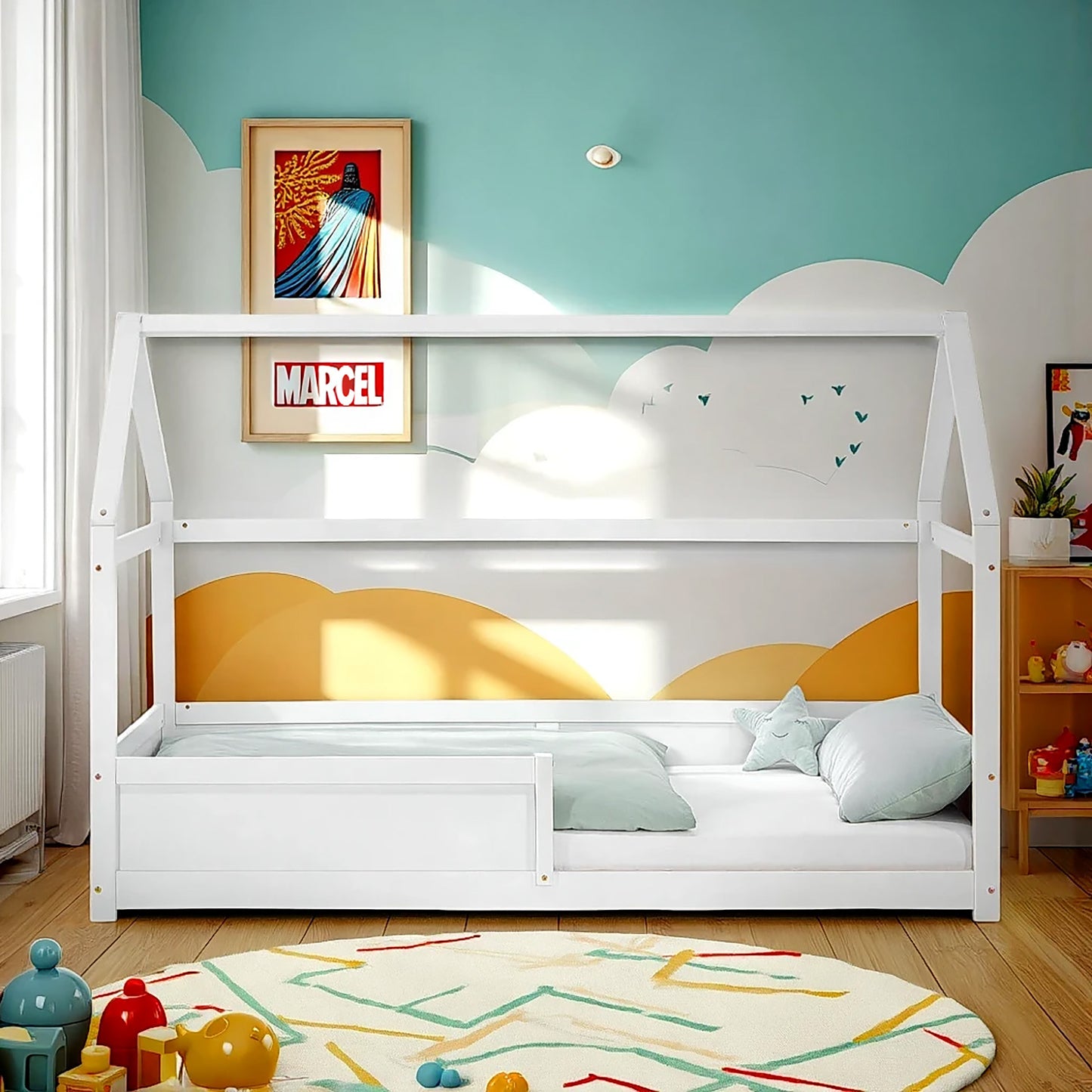 Kinderbett 90x200 cm Weiss | Hausbett mit Rausfallschutz | Montessori | Einzelbett | mit Lattenrost