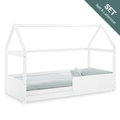 Kinderbett 90x200 cm Weiss | Hausbett mit Rausfallschutz | Montessori | Einzelbett | mit Lattenrost