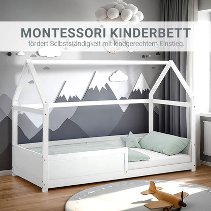 Kinderbett 90x200 cm Weiss | Hausbett mit Rausfallschutz | Montessori | Einzelbett | mit Lattenrost