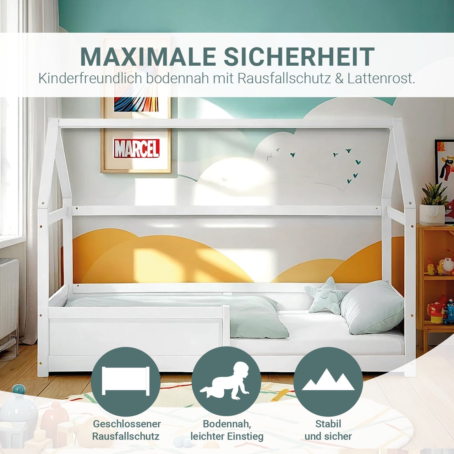 Kinderbett 90x200 cm Weiss | Hausbett mit Rausfallschutz | Montessori | Einzelbett | mit Lattenrost