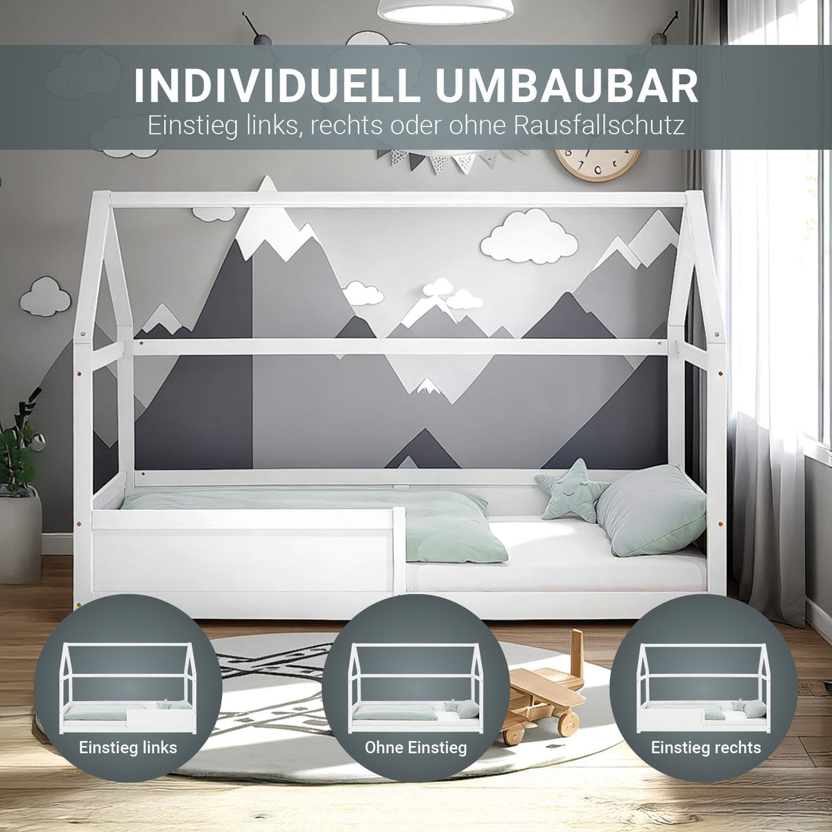 Kinderbett 90x200 cm Weiss | Hausbett mit Rausfallschutz | Montessori | Einzelbett | mit Lattenrost