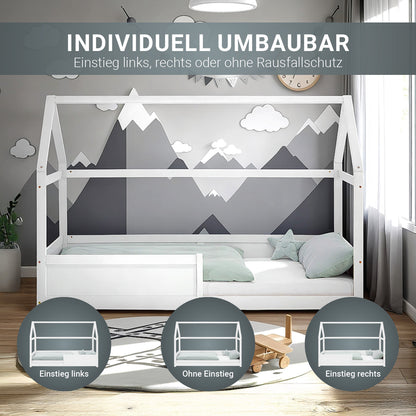 Kinderbett 90x200 cm Weiss | Hausbett mit Rausfallschutz | Montessori | Einzelbett | mit Lattenrost