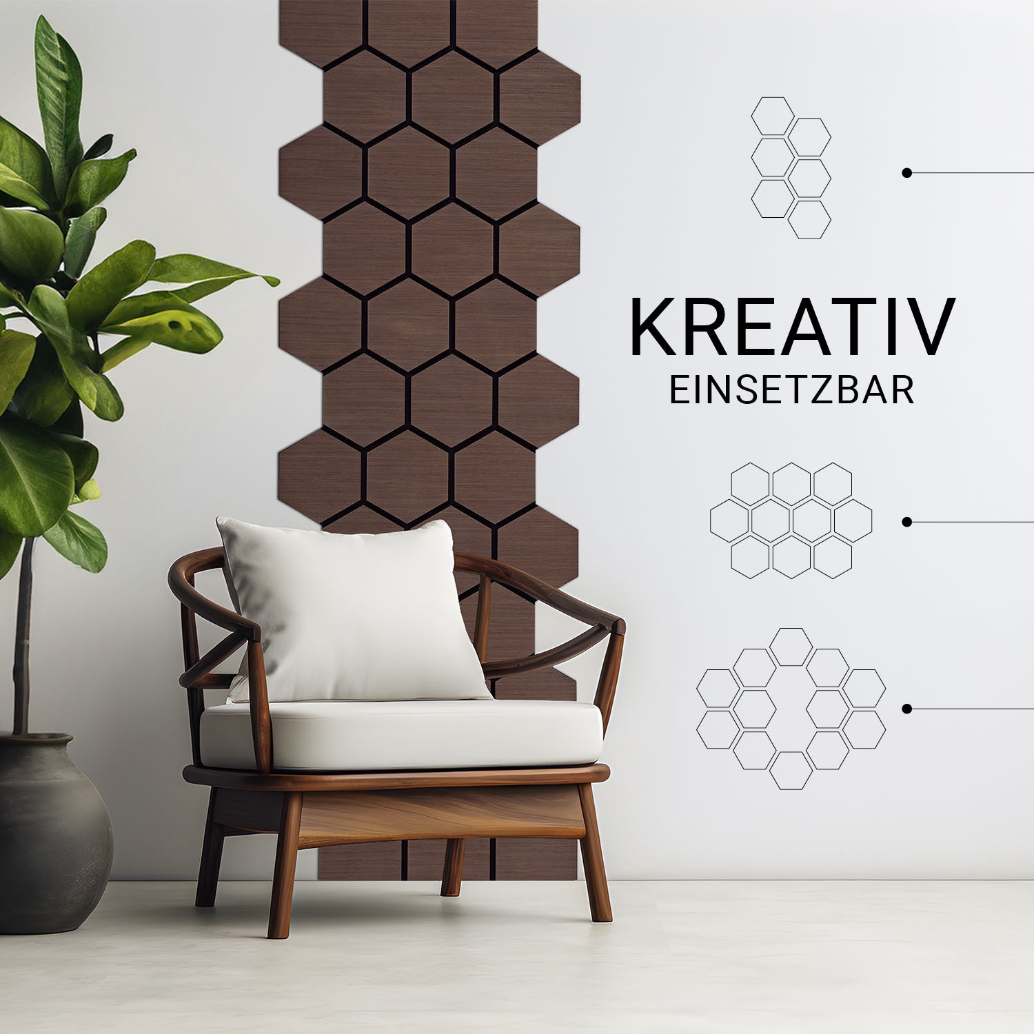 8er Set Akustikpaneele Wandpaneele Hexagon Wabe 76 x 62 cm Braun Walnuss Holz 3D - Palo24