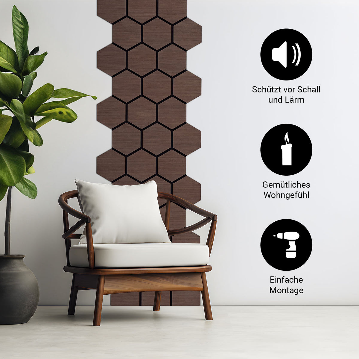 4er Set Akustikpaneele Wandpaneele Hexagon Wabe 76 x 62 cm Braun Walnuss Holz 3D - Palo24