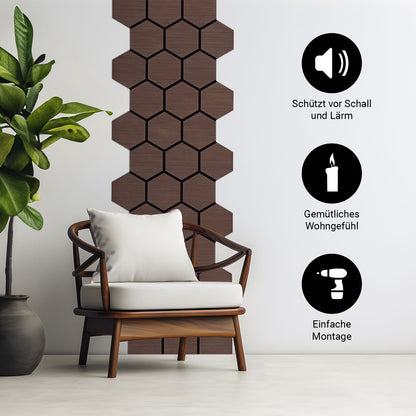 4er Set Akustikpaneele Wandpaneele Hexagon Wabe 76 x 62 cm Braun Walnuss Holz 3D - Palo24