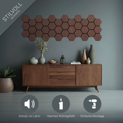 8er Set Akustikpaneele Wandpaneele Hexagon Wabe 76 x 62 cm Braun Walnuss Holz 3D - Palo24