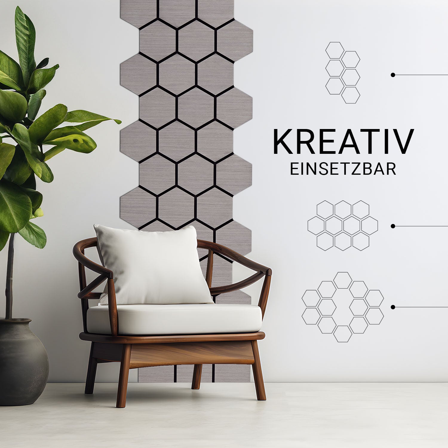 4er Set Akustikpaneele Wandpaneele Hexagon Wabe 76 x 62 cm Grau Holz 3D - Palo24