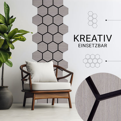 8er Set Akustikpaneele Wandpaneele Hexagon Wabe 76 x 62 cm Grau Holz 3D - Palo24
