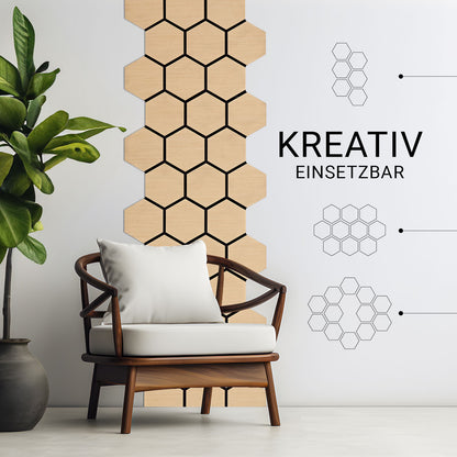 4er Set Akustikpaneele Wandpaneele Hexagon Wabe 76 x 62 cm Natur Eiche Holz 3D - Palo24