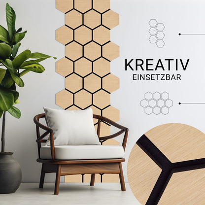 8er Set Akustikpaneele Wandpaneele Hexagon Wabe 76 x 62 cm Natur Eiche Holz 3D - Palo24