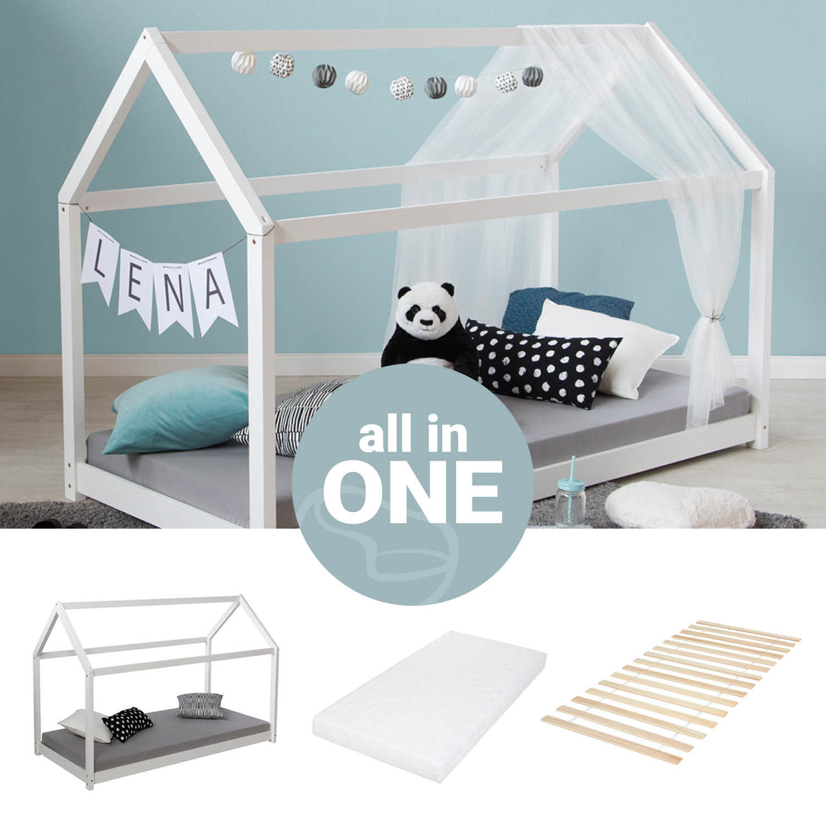 Kinderbett 80x160 cm mit Matratze Hausbett Weiss Bodenbett Montessori Lattenrost