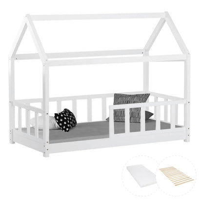 Kinderbett 80x160 cm mit Matratze Hausbett mit Rausfallschutz Montessori Lattenrost