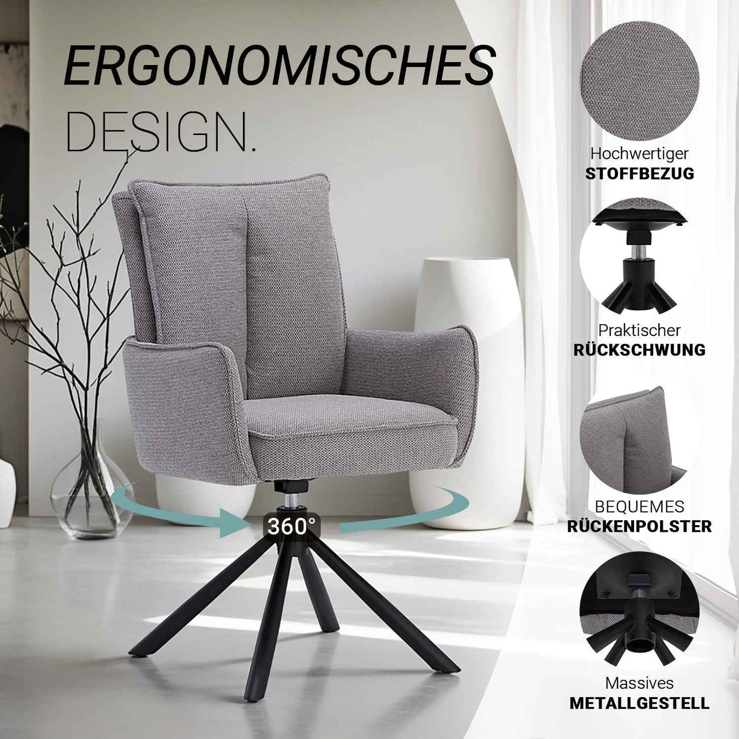 Esstisch mit 6 Stühlen Set Essgruppe Polsterstühle Drehbar Grau 200x100 cm Metall Braun Schwarz