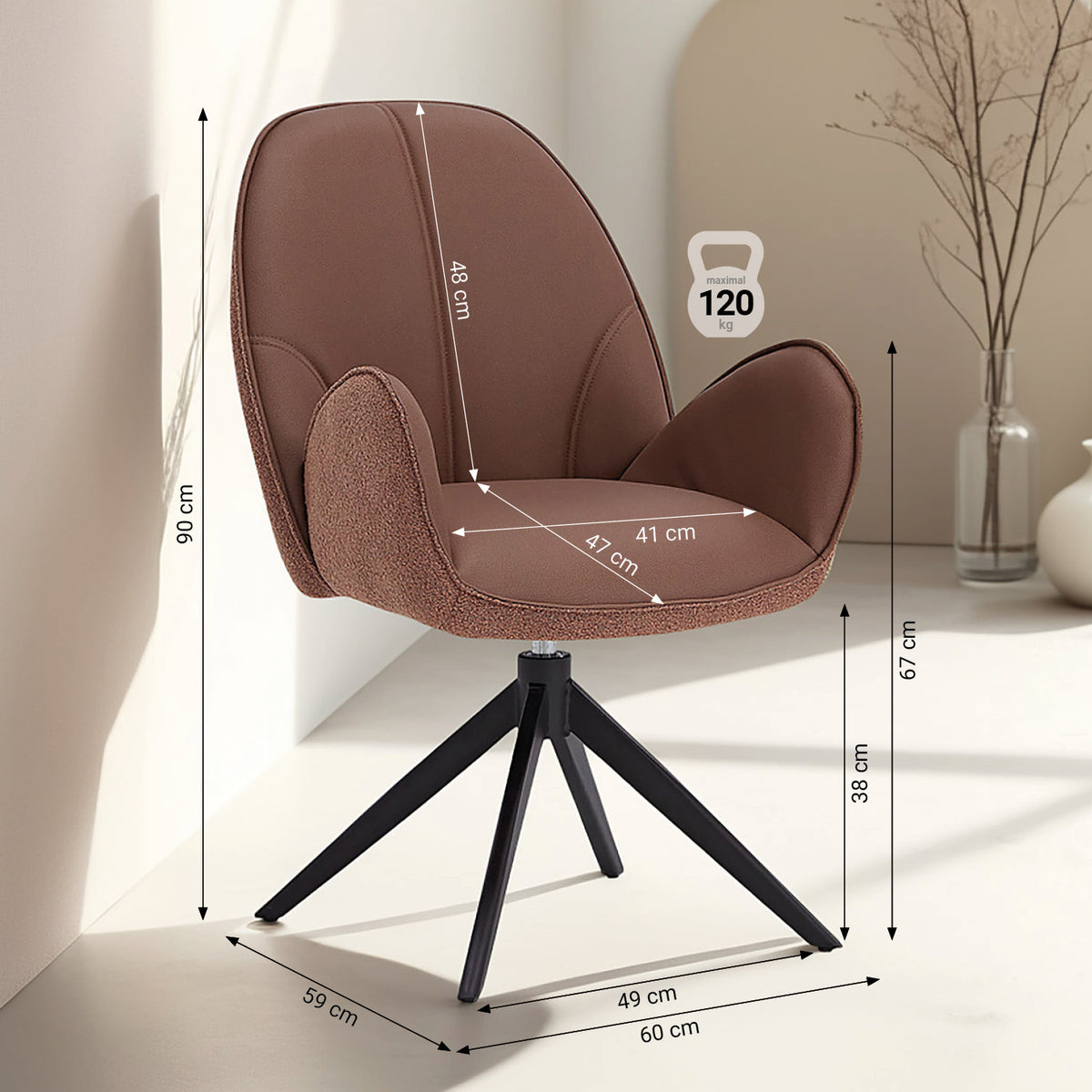 4x Polsterstuhl Bouclé Leder Braun | drehbar | mit Armlehnen | Küche Esszimmer Büro - Palo24