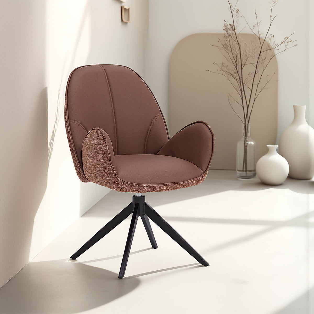 4x Polsterstuhl Bouclé Leder Braun | drehbar | mit Armlehnen | Küche Esszimmer Büro - Palo24