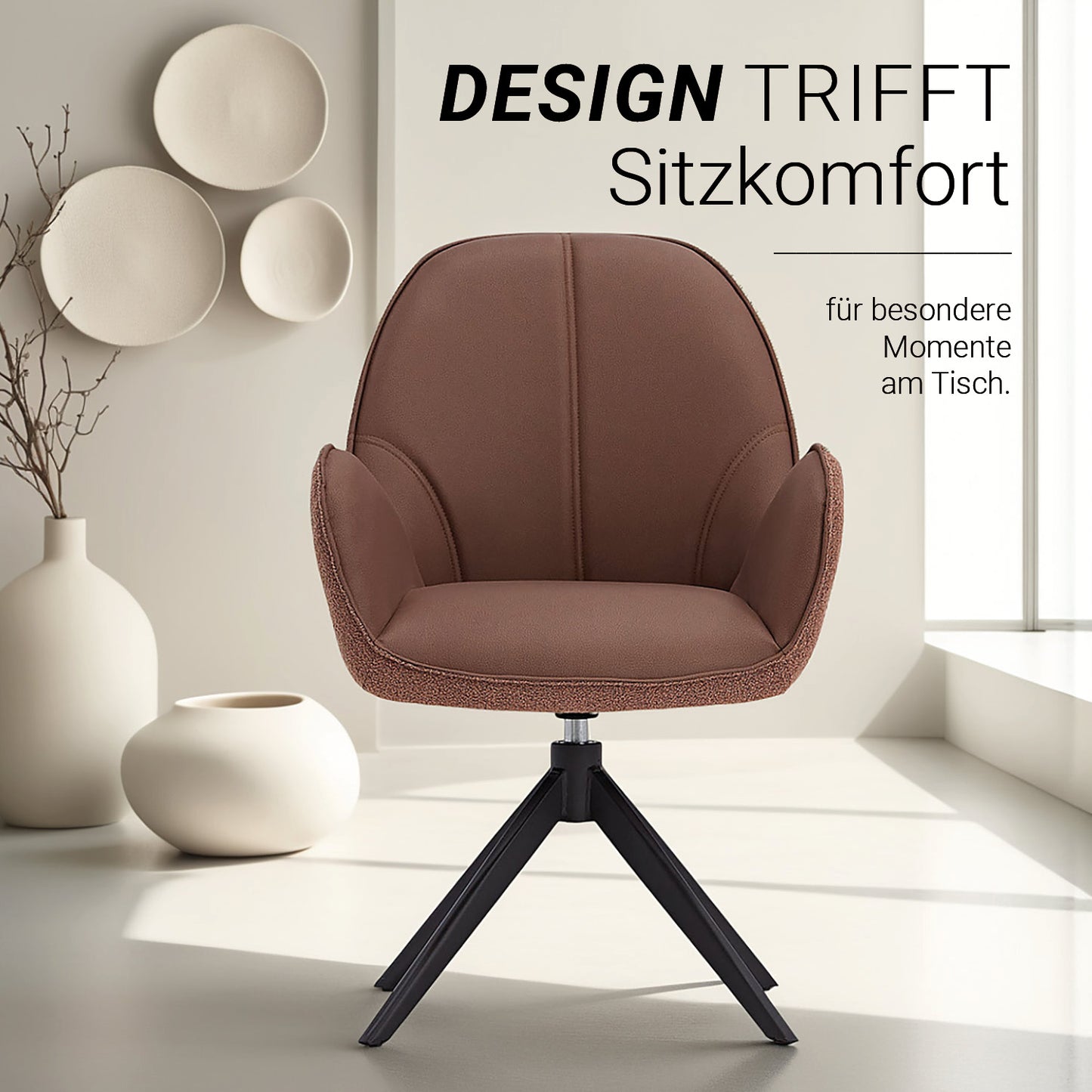 4x Polsterstuhl Bouclé Leder Braun | drehbar | mit Armlehnen | Küche Esszimmer Büro - Palo24