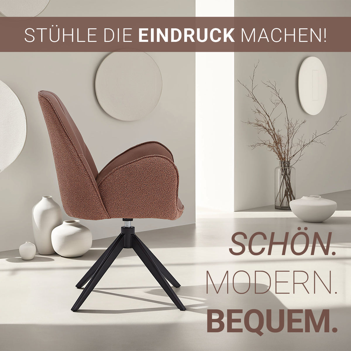 4x Polsterstuhl Bouclé Leder Braun | drehbar | mit Armlehnen | Küche Esszimmer Büro - Palo24
