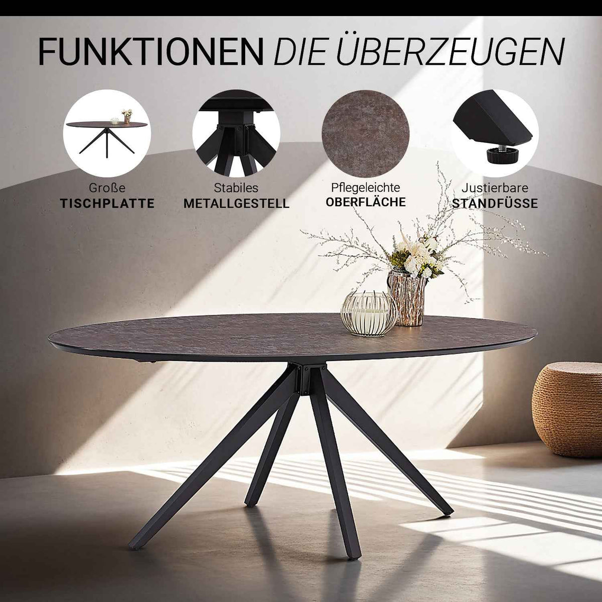Esstisch mit 4 Stühlen Set Essgruppe Polsterstühle Drehbar Stoff Anthrazit Oval Metall Braun Schwarz