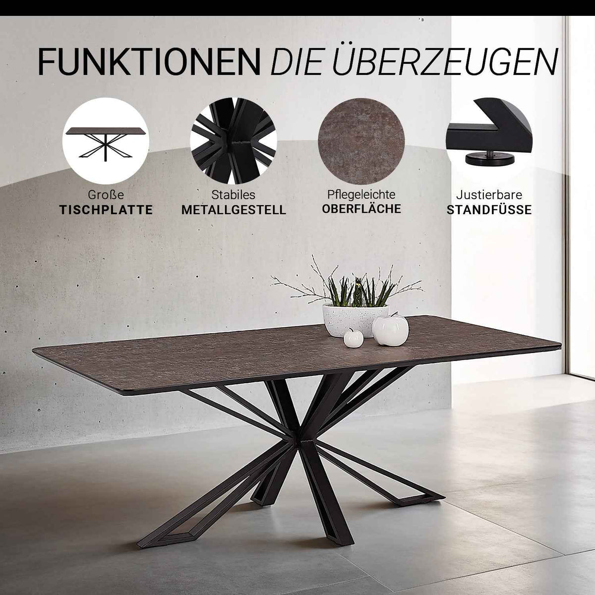 Esstisch mit 4 Stühlen Set Essgruppe Polsterstühle Drehbar Grau 200x100 cm Metall Braun Schwarz