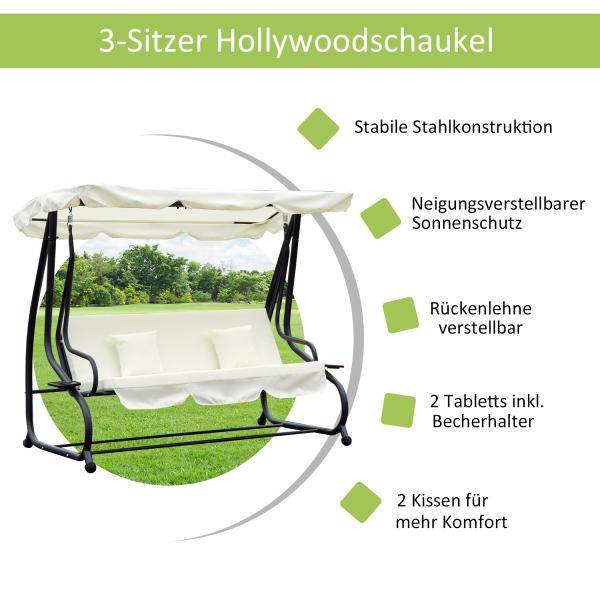 Hollywoodschaukel 3-Sitzer Liegefunktion Stahl Beige 200x120x164cm - Palo24