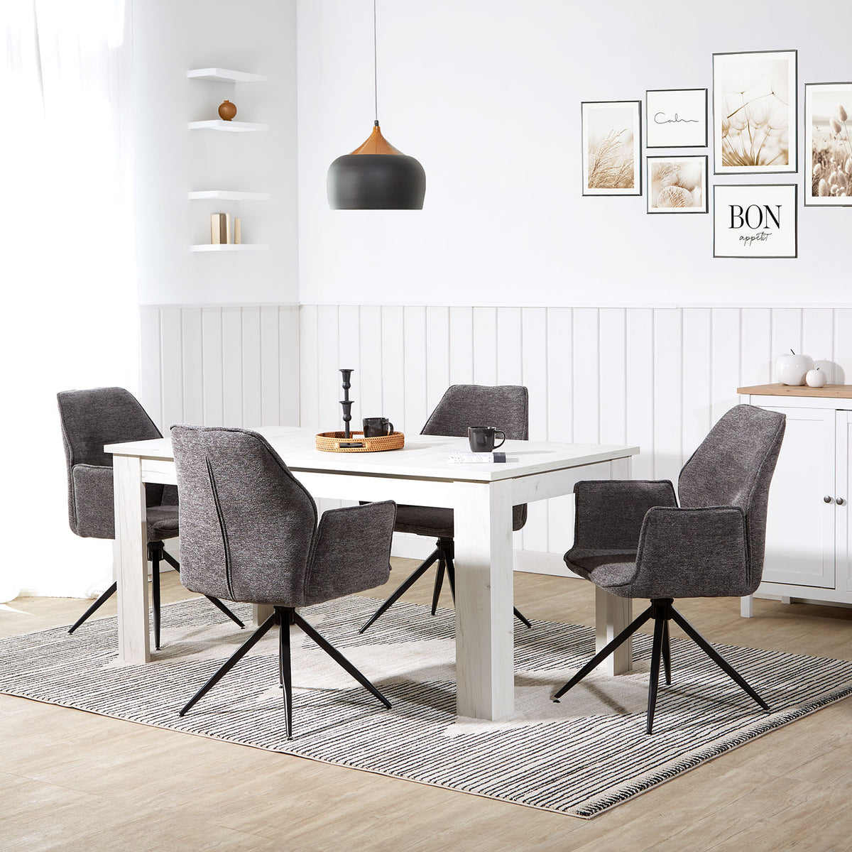 Polsterstuhl Chenille Wolle Grau | 2er Set | drehbar | mit Armlehnen | Küche Esszimmer Büro