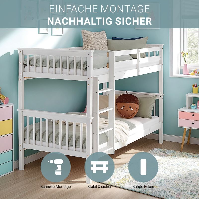 Etagenbett 90x200 cm mit Matratze & Lattenrost umbaubar Weiss - Palo24