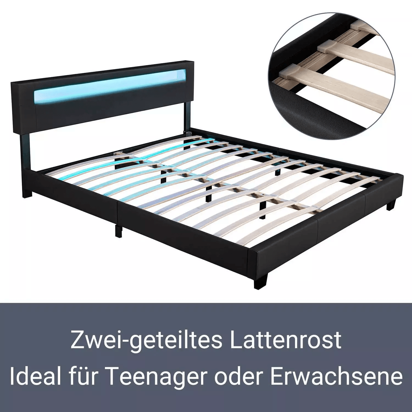 Polsterbett Paris 160 x 200 cm Kunstleder mit LED, Matratze & Lattenrost - Schwarz - Palo24