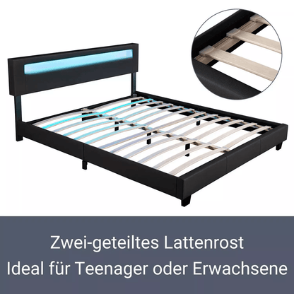 Polsterbett Paris 160 x 200 cm Kunstleder mit LED, Matratze & Lattenrost - Schwarz - Palo24