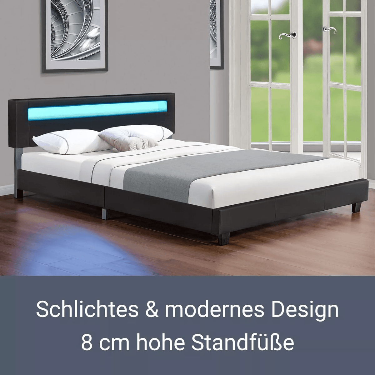Polsterbett Paris 160 x 200 cm Kunstleder mit LED, Matratze & Lattenrost - Schwarz - Palo24