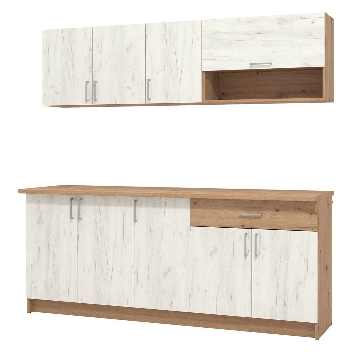 Küchenzeile ohne Geräte 200 cm Weiss Shabby Eiche - Palo24