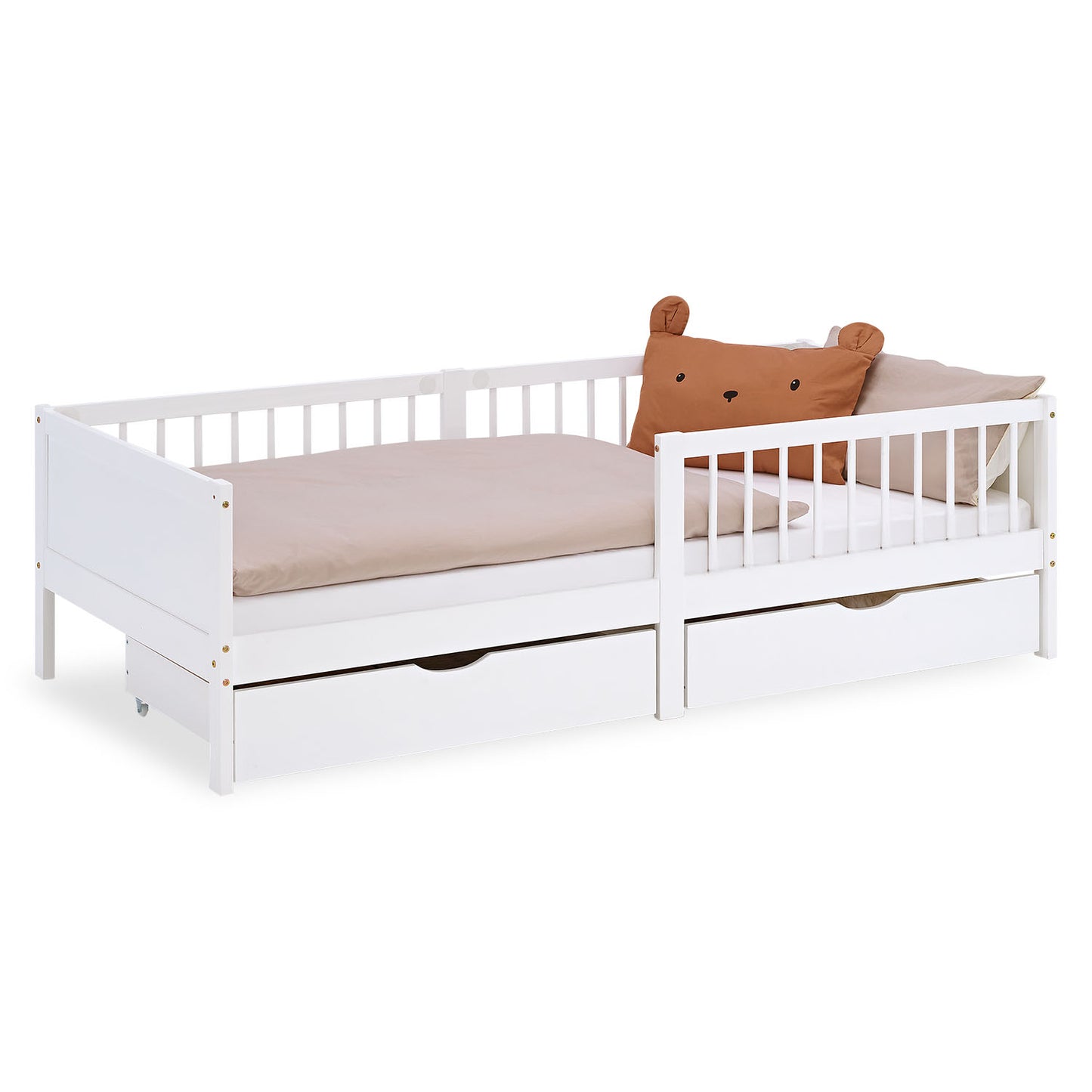 Kinderbett 90x200 cm Weiss Natur | Holzbett mit 2 Bettkästen | Einzelbett | mit Lattenrost | Rausfallschutz
