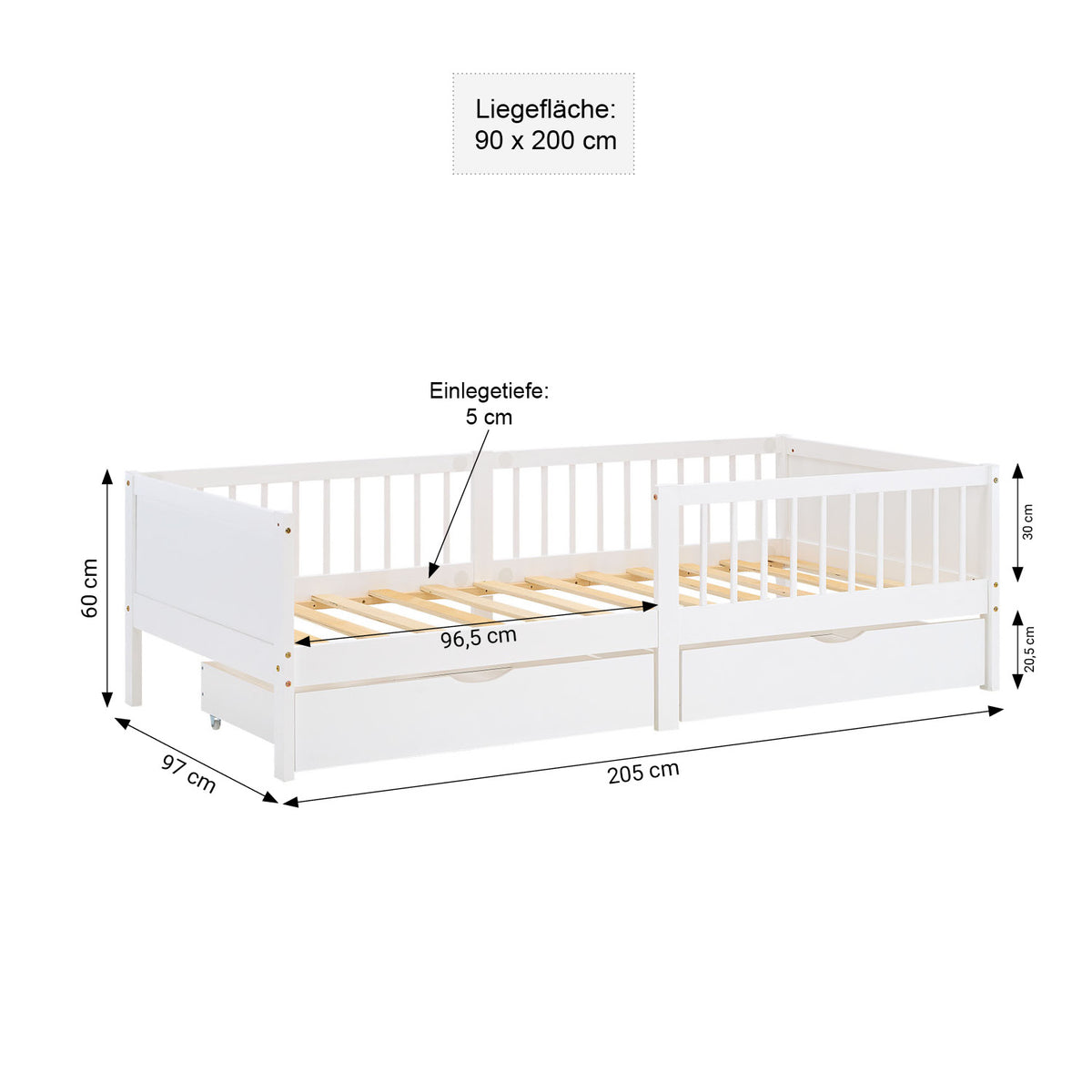 Kinderbett 90x200 cm Weiss Natur | Holzbett mit 2 Bettkästen | Einzelbett | mit Lattenrost | Rausfallschutz