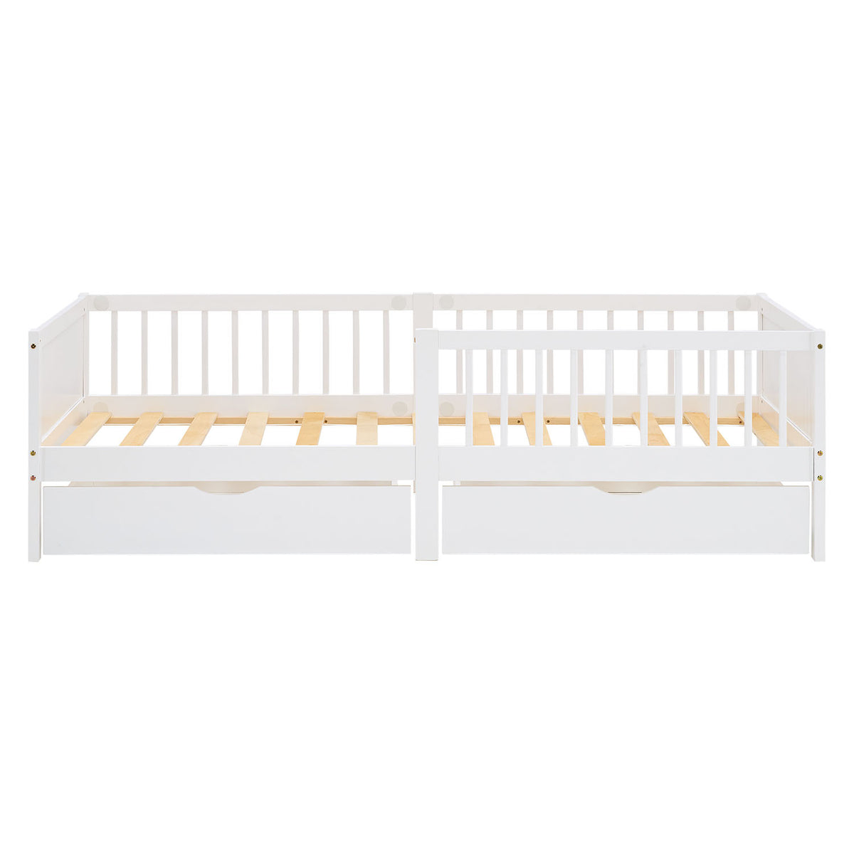 Kinderbett 90x200 cm Weiss Natur | Holzbett mit 2 Bettkästen | Einzelbett | mit Lattenrost | Rausfallschutz