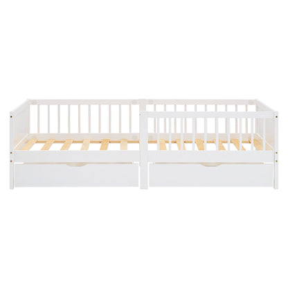 Kinderbett 90x200 cm Weiss Natur | Holzbett mit 2 Bettkästen | Einzelbett | mit Lattenrost | Rausfallschutz