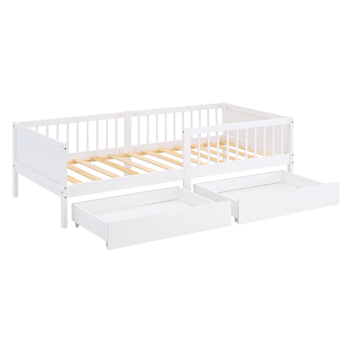 Kinderbett 90x200 cm Weiss Natur | Holzbett mit 2 Bettkästen | Einzelbett | mit Lattenrost | Rausfallschutz
