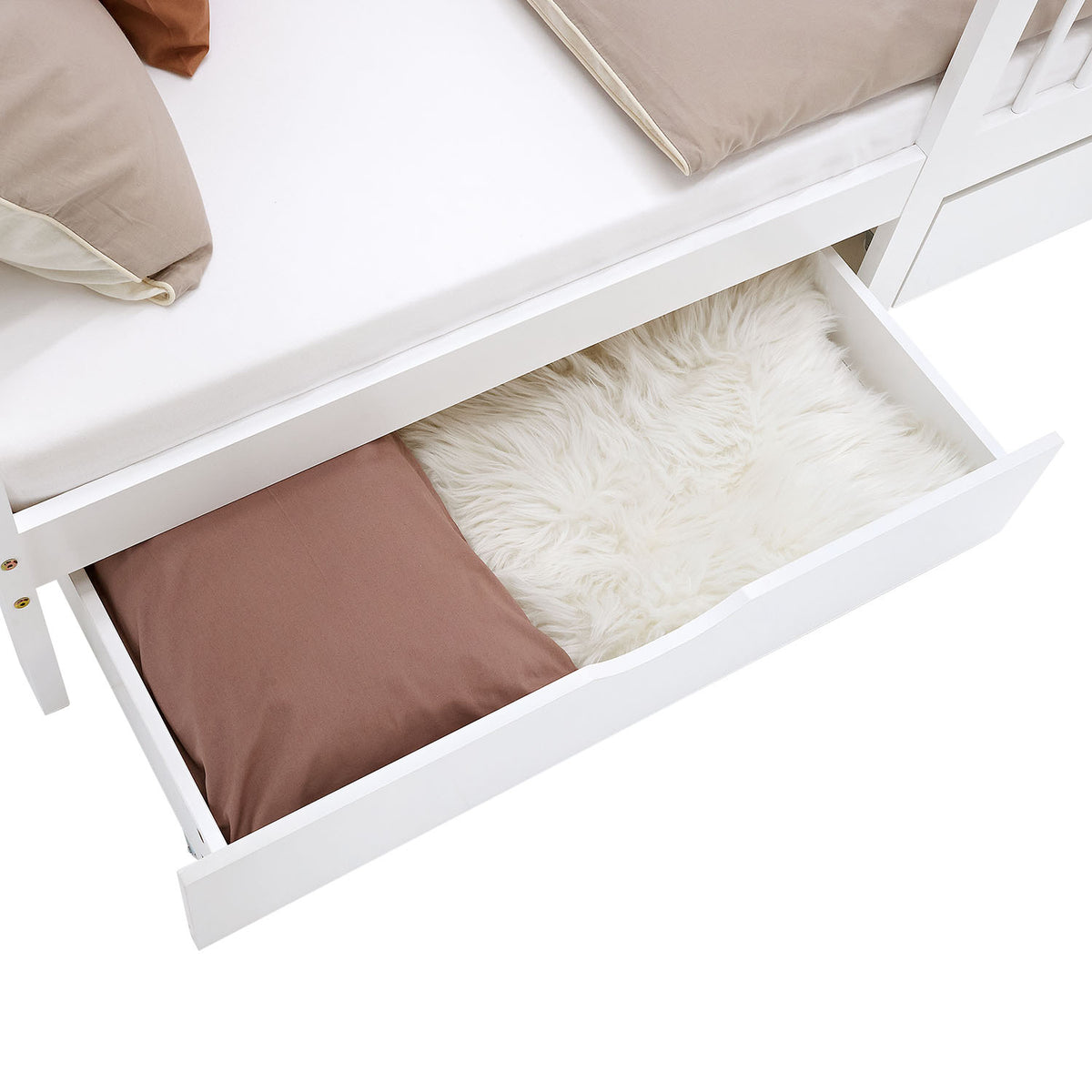 Kinderbett 90x200 cm Weiss Natur | Holzbett mit 2 Bettkästen | Einzelbett | mit Lattenrost | Rausfallschutz