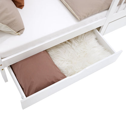 Kinderbett 90x200 cm Weiss Natur | Holzbett mit 2 Bettkästen | Einzelbett | mit Lattenrost | Rausfallschutz