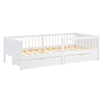 Kinderbett 90x200 cm Weiss Natur | Holzbett mit 2 Bettkästen | Einzelbett | mit Lattenrost | Rausfallschutz