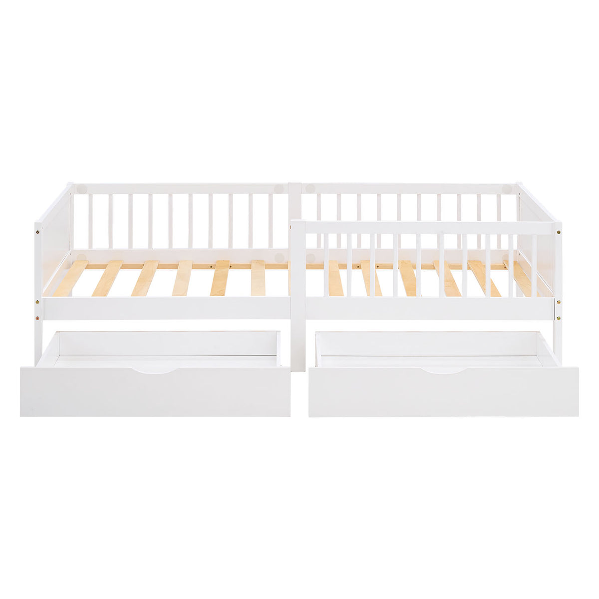 Kinderbett 90x200 cm Weiss Natur | Holzbett mit 2 Bettkästen | Einzelbett | mit Lattenrost | Rausfallschutz
