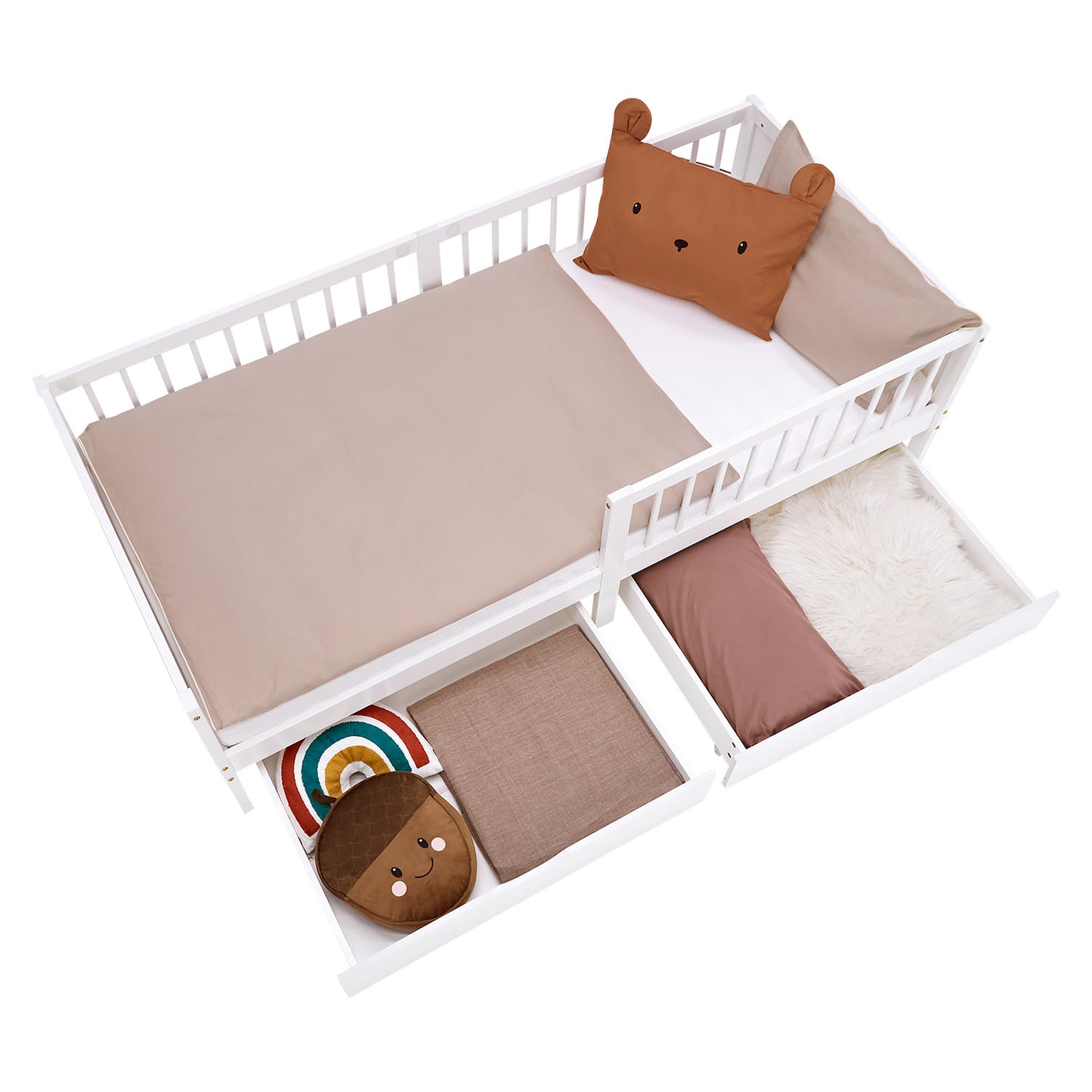 Kinderbett 90x200 cm Weiss Natur | Holzbett mit 2 Bettkästen | Einzelbett | mit Lattenrost | Rausfallschutz