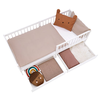 Kinderbett 90x200 cm Weiss Natur | Holzbett mit 2 Bettkästen | Einzelbett | mit Lattenrost | Rausfallschutz