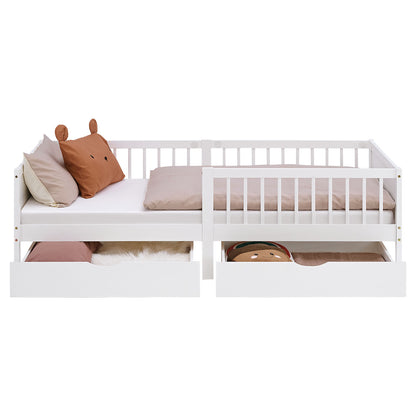 Kinderbett 90x200 cm Weiss Natur | Holzbett mit 2 Bettkästen | Einzelbett | mit Lattenrost | Rausfallschutz